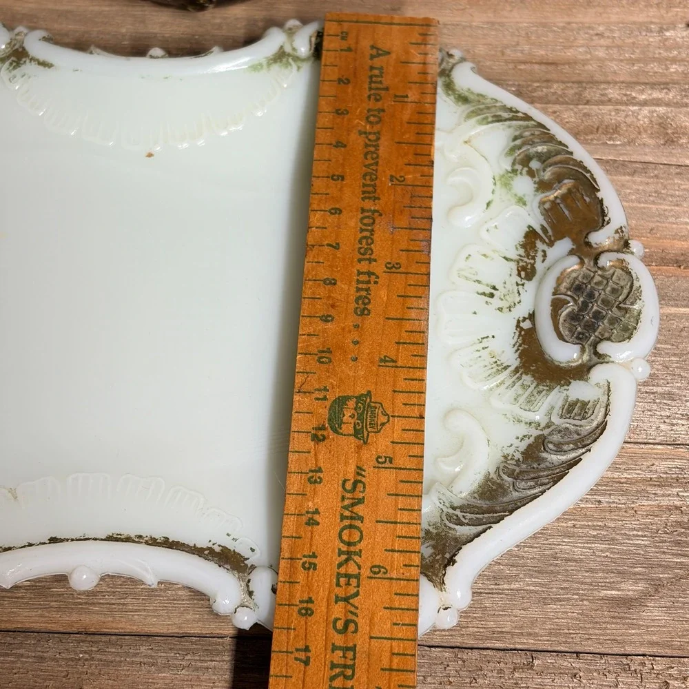 Antique Milk Glass Vanity Set Green Gold Painted Trinket Jar and Tray